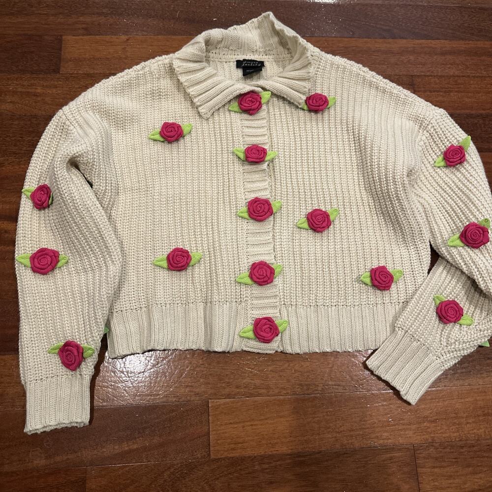 Sweet Society Cream Ribbed Knit Cardigan Pink 3D Rose Floral Cottagecore Boho M